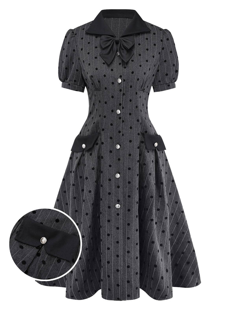 [Pre-Sale] Gray 1950s Flocked Polka Dot Puff Dress