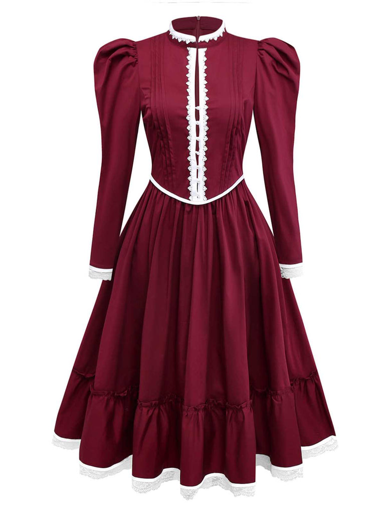 [Pre-Sale] Wine Red 1930s Victorian Lace Long Sleeve Dress