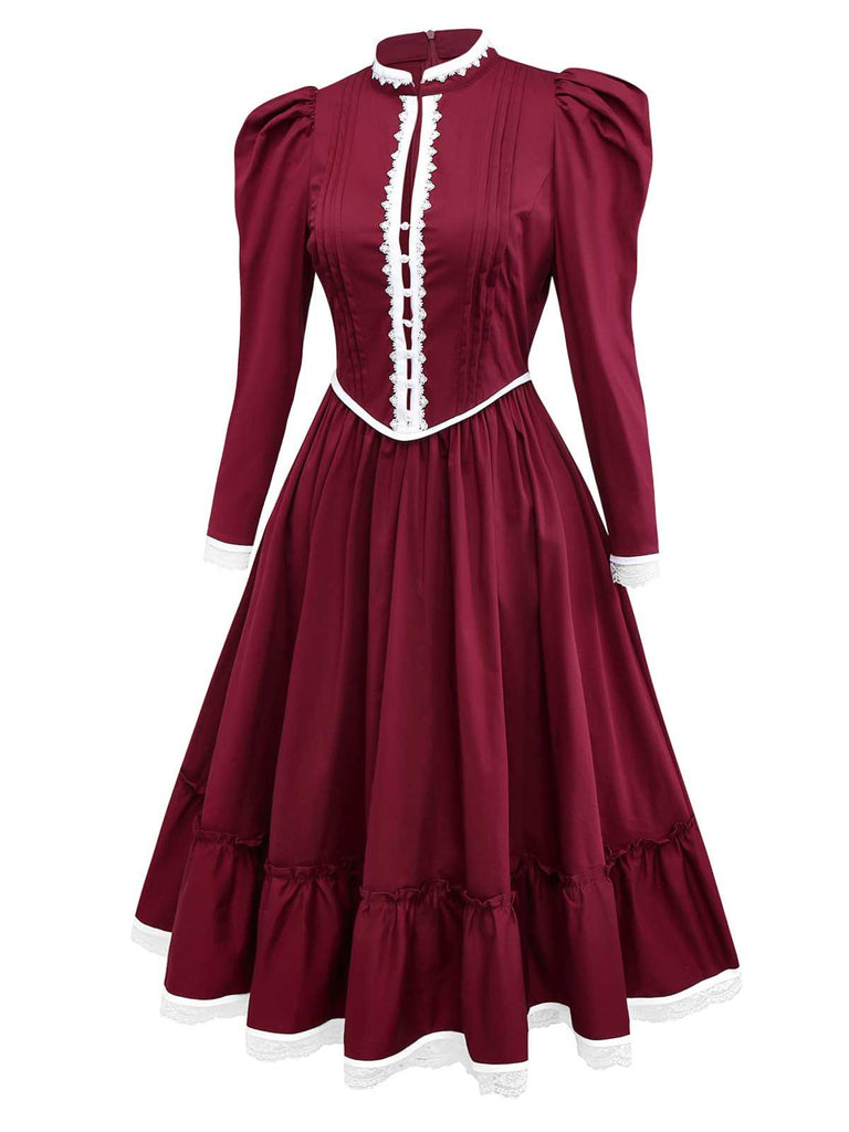 [Pre-Sale] Wine Red 1930s Victorian Lace Long Sleeve Dress