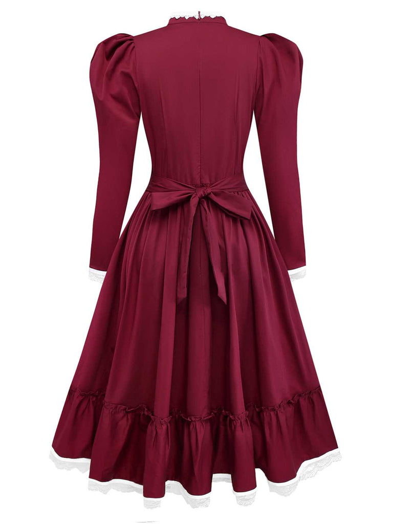 [Pre-Sale] Wine Red 1930s Victorian Lace Long Sleeve Dress