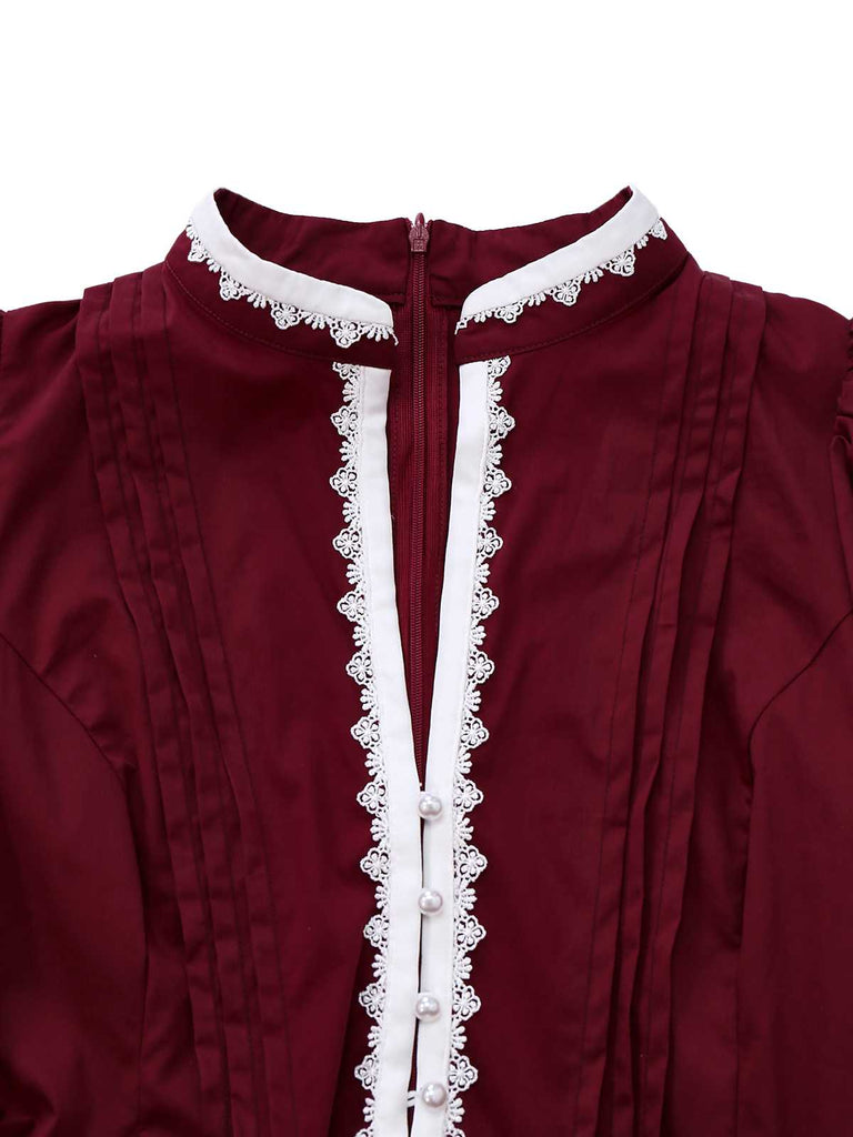 [Pre-Sale] Wine Red 1930s Victorian Lace Long Sleeve Dress