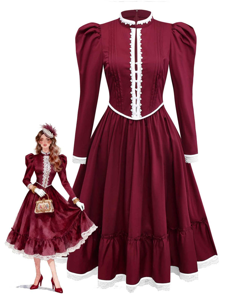 [Pre-Sale] Wine Red 1930s Victorian Lace Long Sleeve Dress