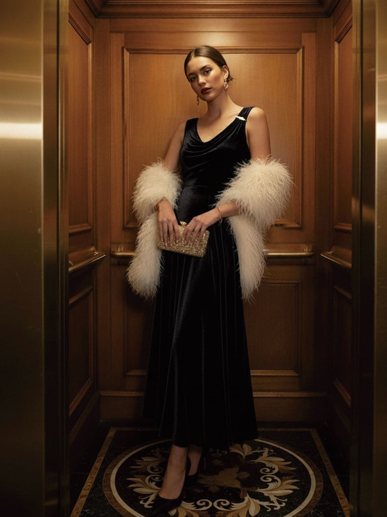 Black 1930s Velvet Cowl Neck Feather Brooch Dress