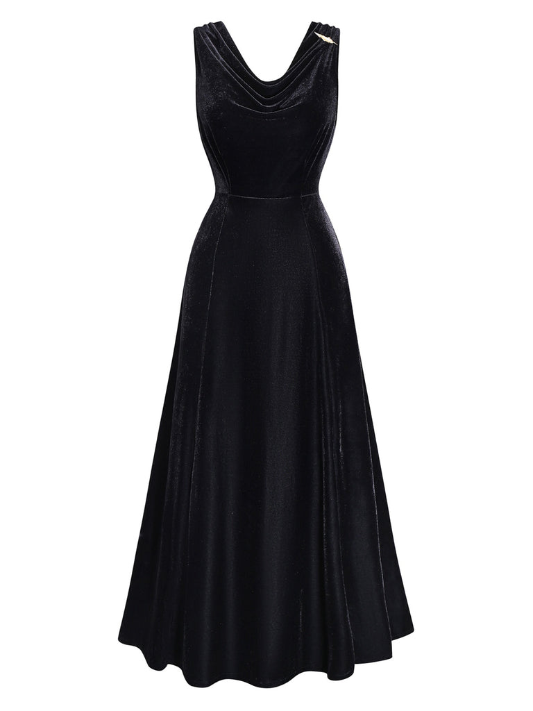 [Pre-Sale] Black 1930s Velvet Cowl Neck Feather Brooch Dress