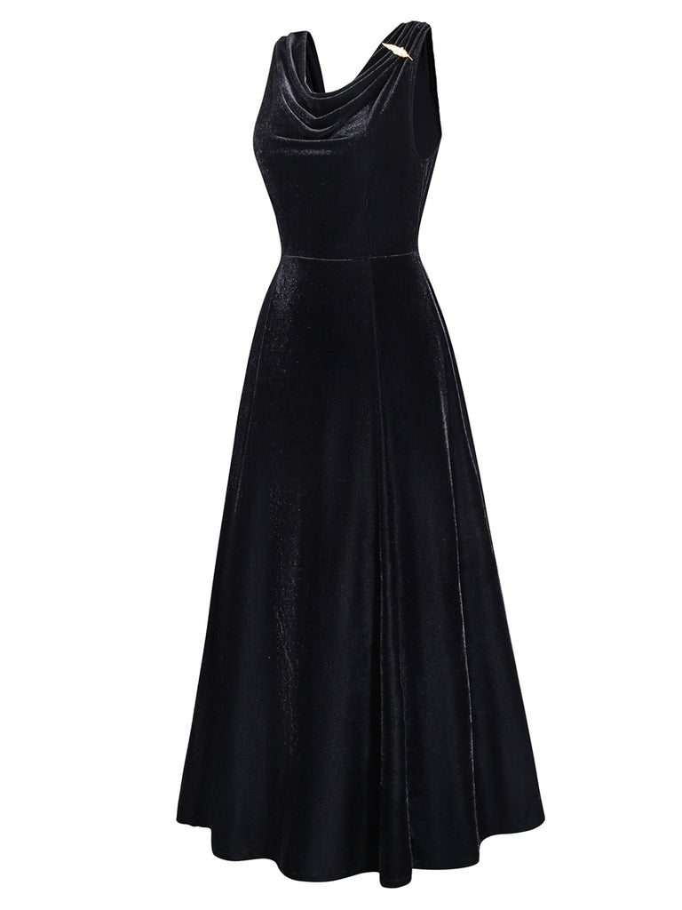 [Pre-Sale] Black 1930s Velvet Cowl Neck Feather Brooch Dress