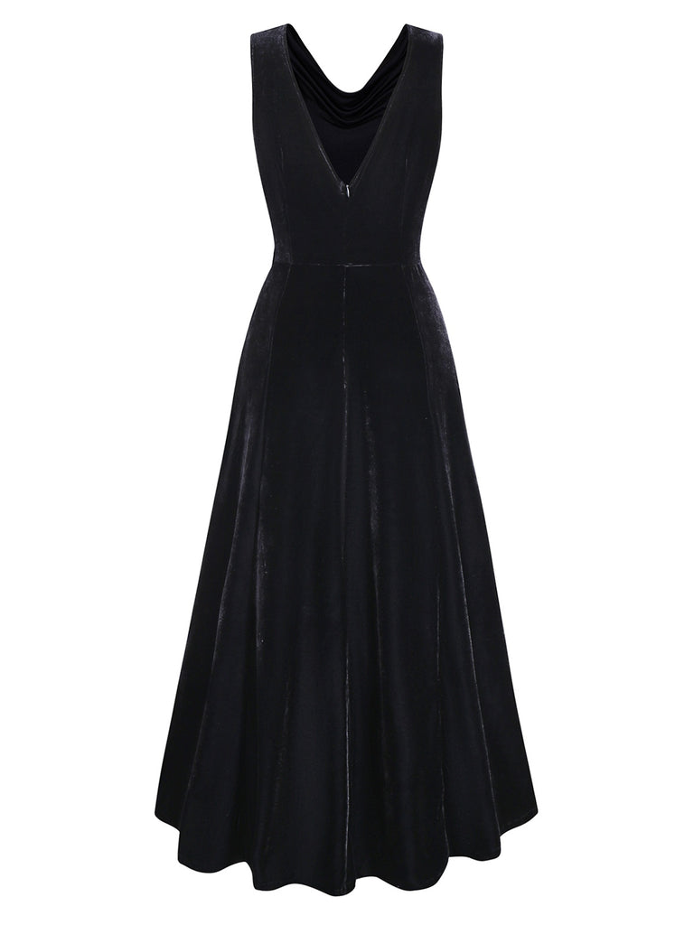 [Pre-Sale] Black 1930s Velvet Cowl Neck Feather Brooch Dress