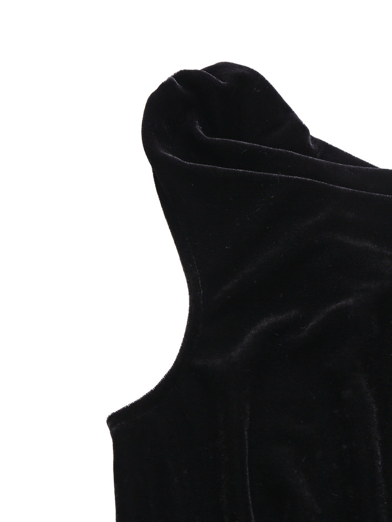 [Pre-Sale] Black 1930s Velvet Cowl Neck Feather Brooch Dress