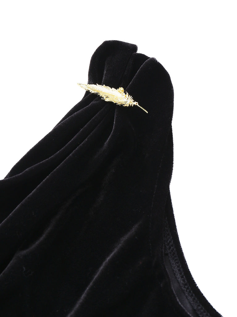 [Pre-Sale] Black 1930s Velvet Cowl Neck Feather Brooch Dress