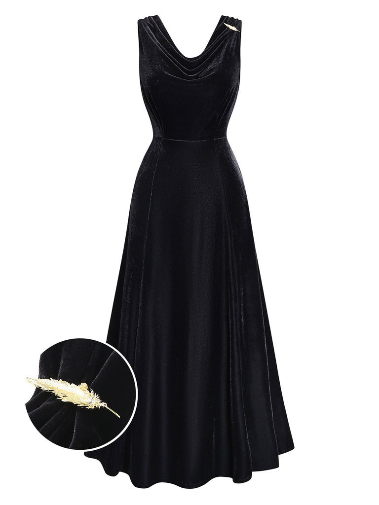 [Pre-Sale] Black 1930s Velvet Cowl Neck Feather Brooch Dress