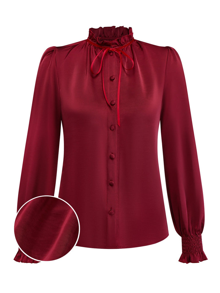 [Pre-Sale] Deep Red 1940s Solid Ruffled Tie Neck Blouse