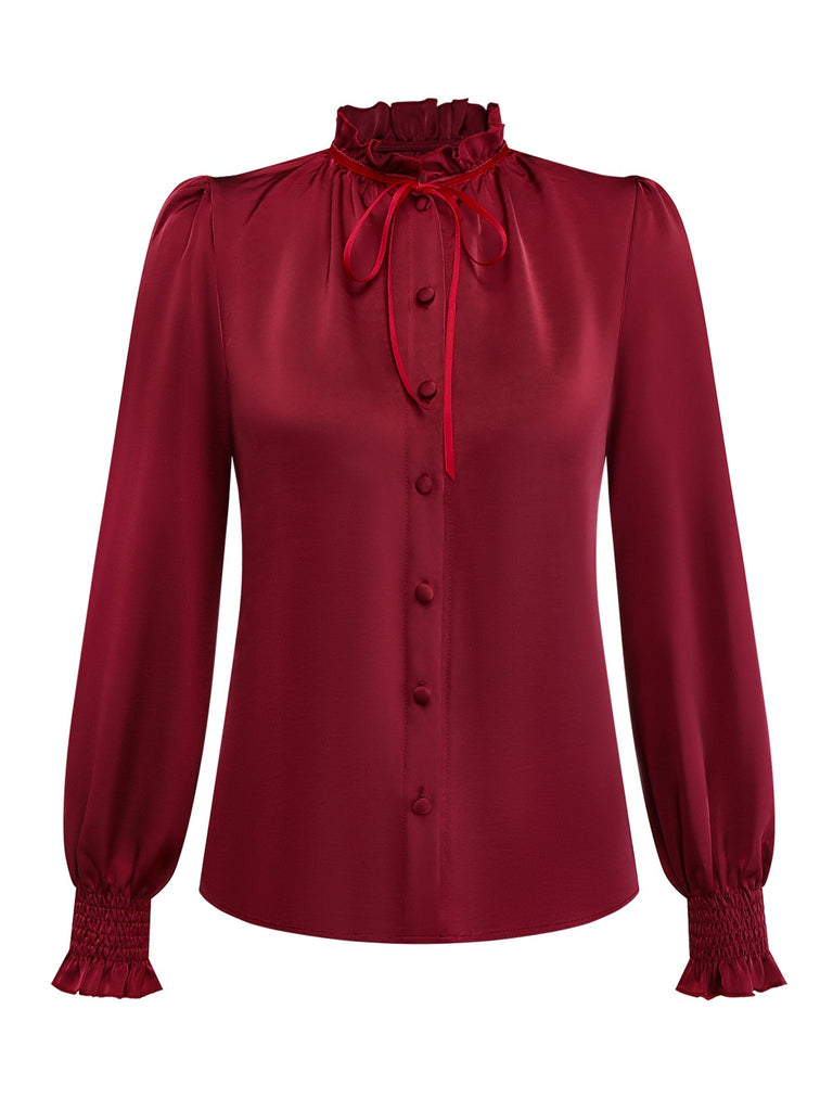 [Pre-Sale] 2PCS Red 1940s Tie Neck Blouse & Plaid Skirt