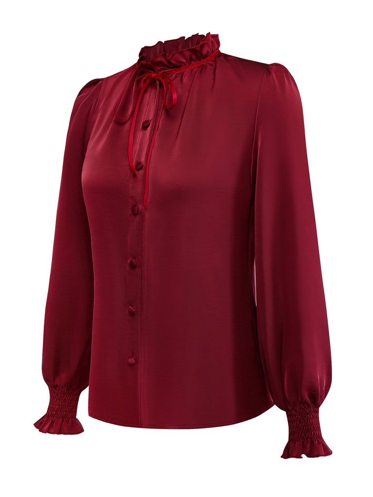[Pre-Sale] 2PCS Red 1940s Tie Neck Blouse & Plaid Skirt