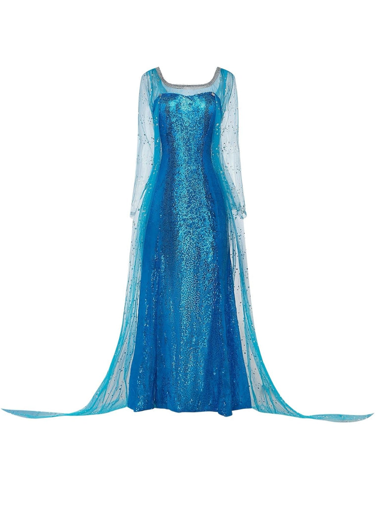 Blue 1970s Solid Sequined Elsa Cape & Dress