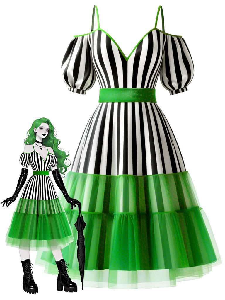 [Pre-Sale] Neon Green 1950s Striped Lace Strap Dress