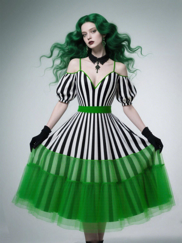 [Pre-Sale] Neon Green 1950s Striped Lace Strap Dress