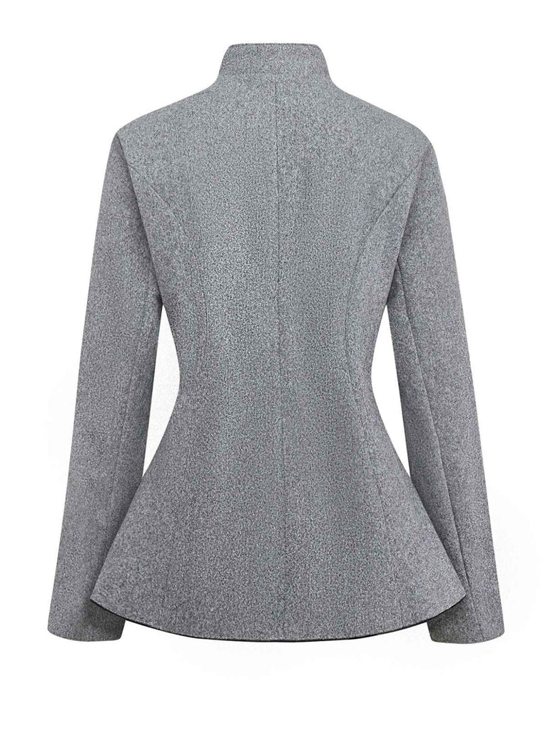 Grey 1940s Faux-Wool Stand Collar Buttons Jacket