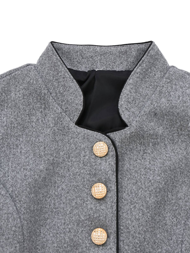 Grey 1940s Faux-Wool Stand Collar Buttons Jacket