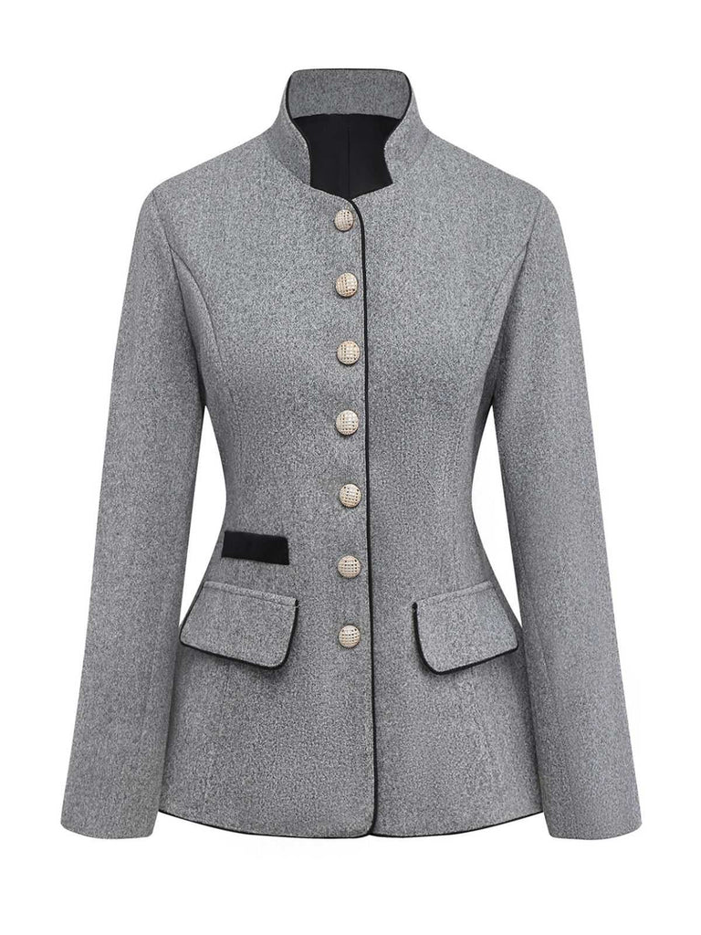 Grey 1940s Faux-Wool Stand Collar Buttons Jacket