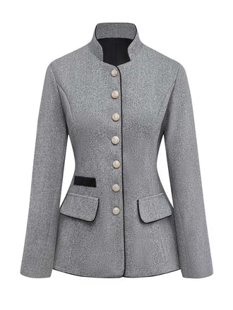 Grey 1940s Faux-Wool Stand Collar Buttons Jacket