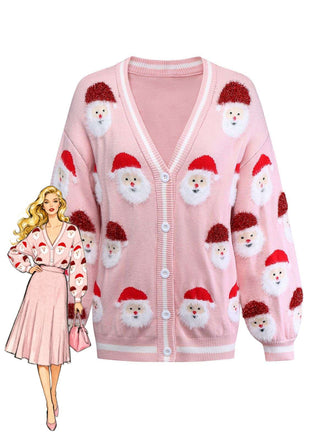 Pink 1940s Christmas Santa Claus Jacquard Cardigan