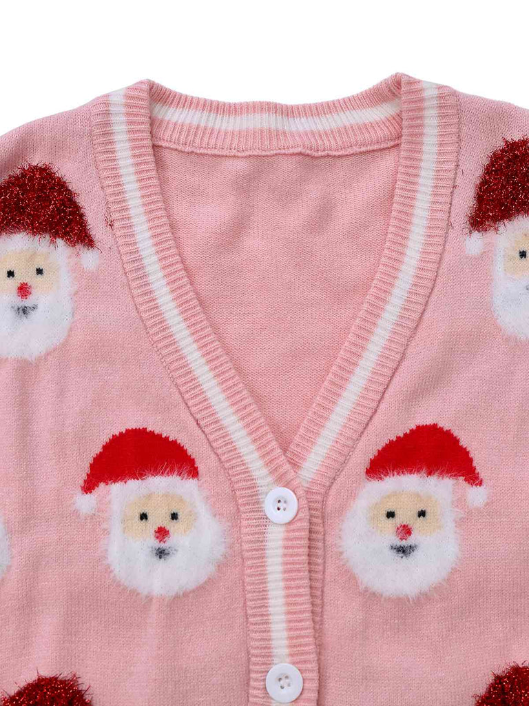 Pink 1940s Christmas Santa Claus Jacquard Cardigan
