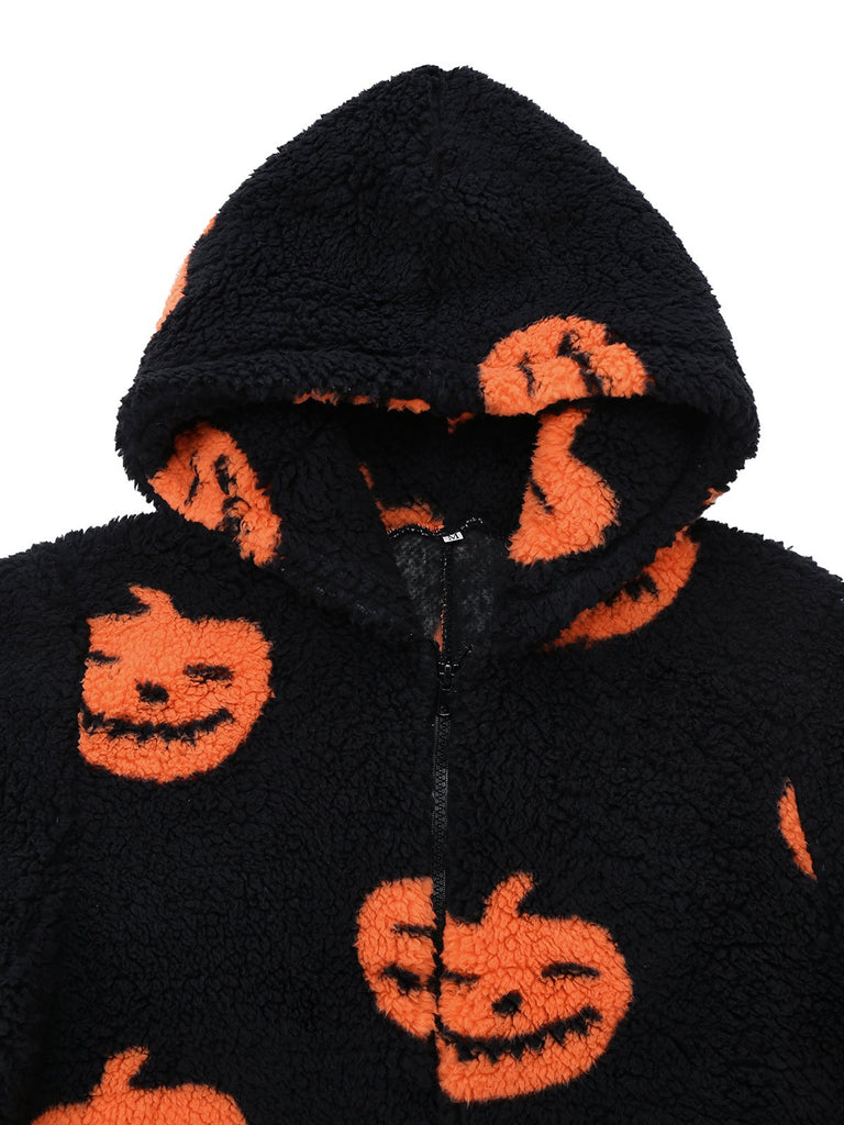 Orange 1930s Halloween Pumpkin Zipper Hooded Jumpsuit