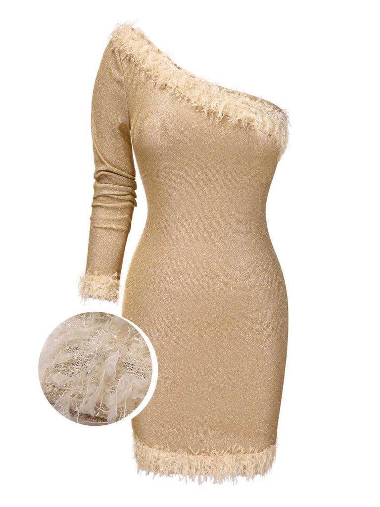 [Pre-Sale] Gold 1960s One-Shoulder Glitter Fur Collar Bodycon Dress