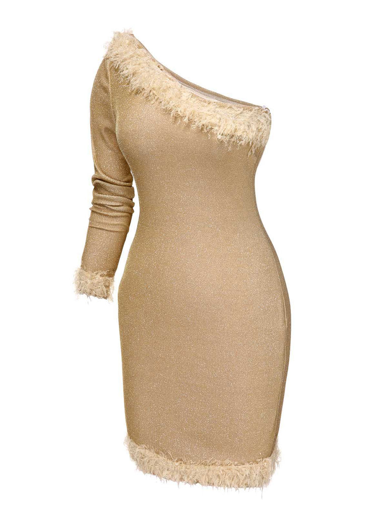 [Pre-Sale] Gold 1960s One-Shoulder Glitter Fur Collar Bodycon Dress