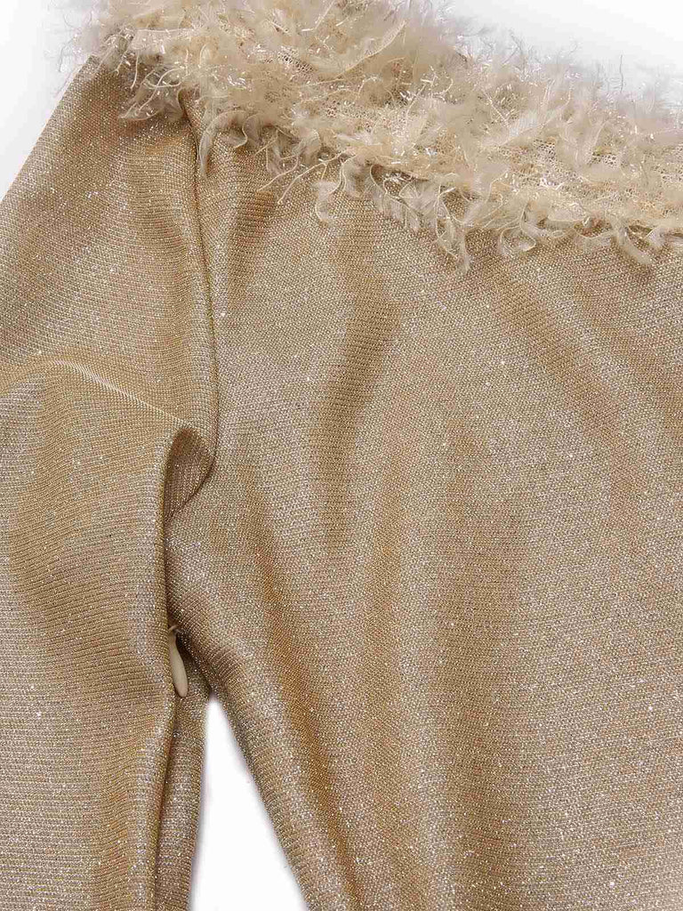 [Pre-Sale] Gold 1960s One-Shoulder Glitter Fur Collar Bodycon Dress