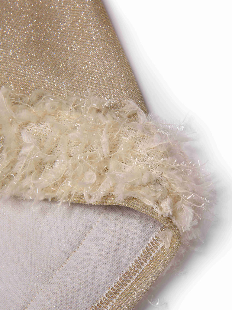 [Pre-Sale] Gold 1960s One-Shoulder Glitter Fur Collar Bodycon Dress