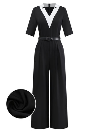 [Pre-Sale] 1930s V-Neck Contrast Belted Jumpsuit