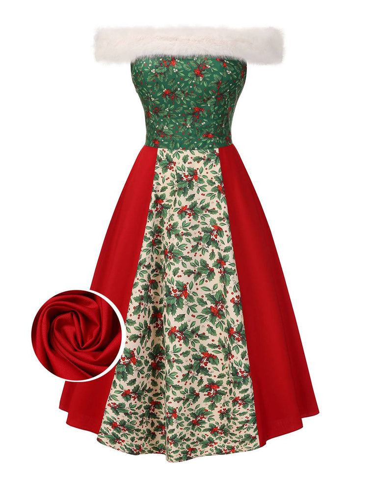 [Pre-Sale] Red & Green 1940s Christmas Fur Collar Winterberry Dress