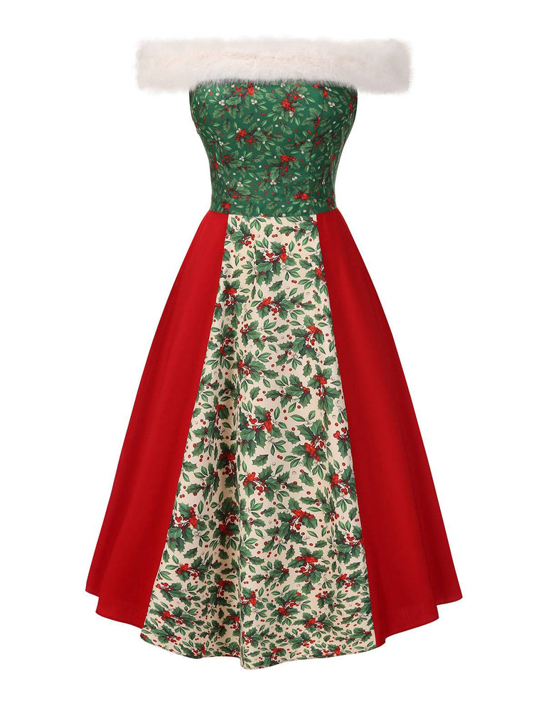 [Pre-Sale] Red & Green 1940s Christmas Fur Collar Winterberry Dress