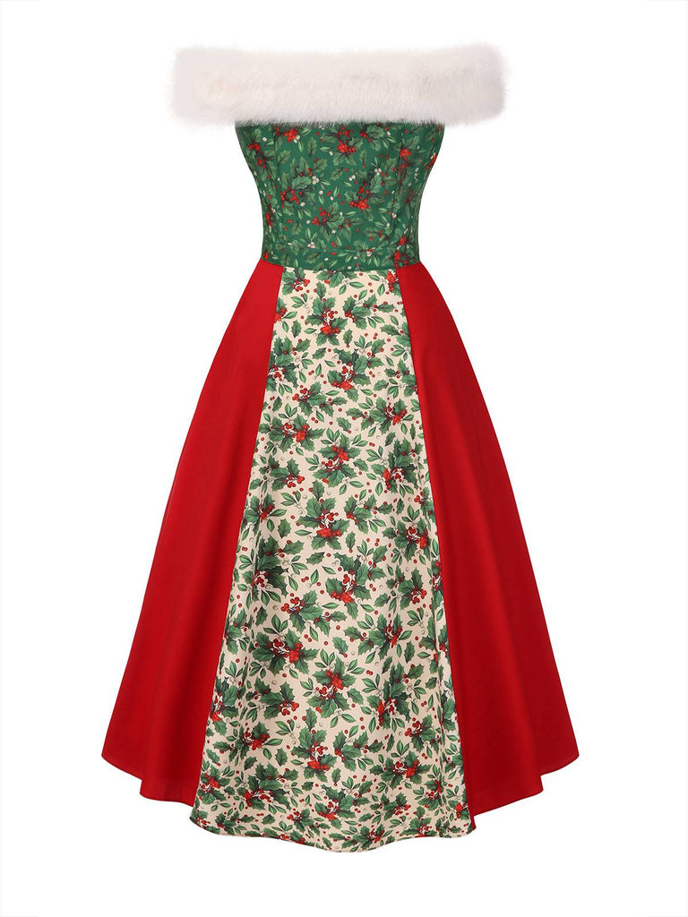 [Pre-Sale] Red & Green 1940s Christmas Fur Collar Winterberry Dress