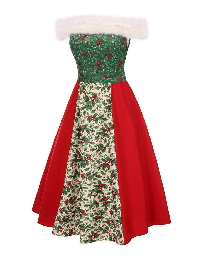[Pre-Sale] Red & Green 1940s Christmas Fur Collar Winterberry Dress