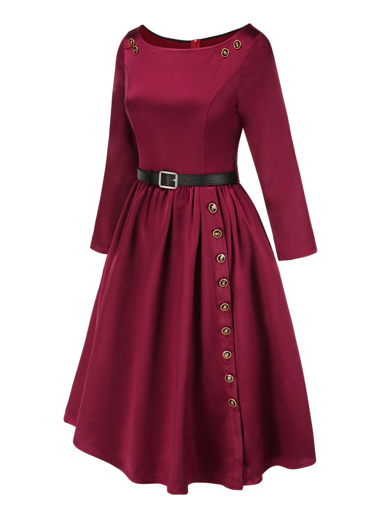 [Pre-Sale] Deep Red 1950s Button Pocket Pleated Dress