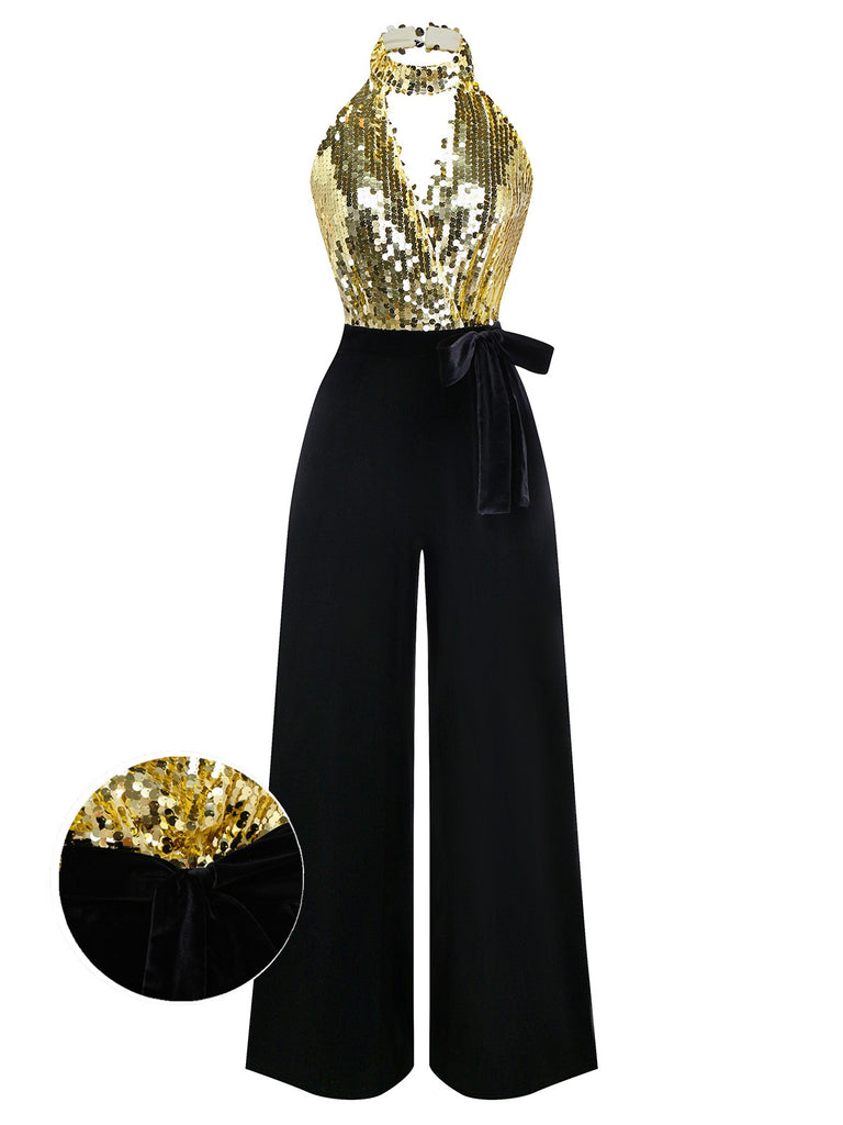 [Pre-Sale] Gold 1930s Sequined Velvet Keyhole Halter Jumpsuit
