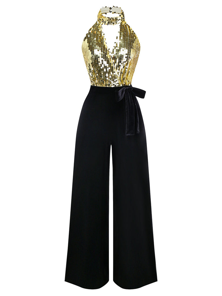 [Pre-Sale] Gold 1930s Sequined Velvet Keyhole Halter Jumpsuit