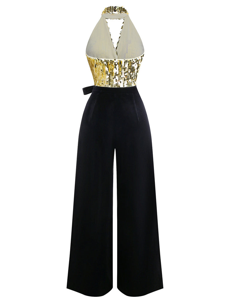 [Pre-Sale] Gold 1930s Sequined Velvet Keyhole Halter Jumpsuit