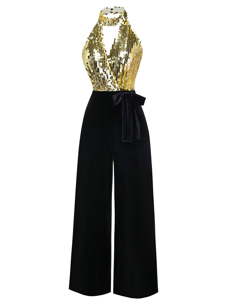 [Pre-Sale] Gold 1930s Sequined Velvet Keyhole Halter Jumpsuit