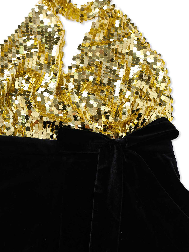 [Pre-Sale] Gold 1930s Sequined Velvet Keyhole Halter Jumpsuit