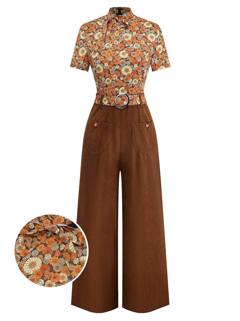 [Pre-Sale] Orange 1970s Daisy Corduroy Patchwork Tie Neck Jumpsuit