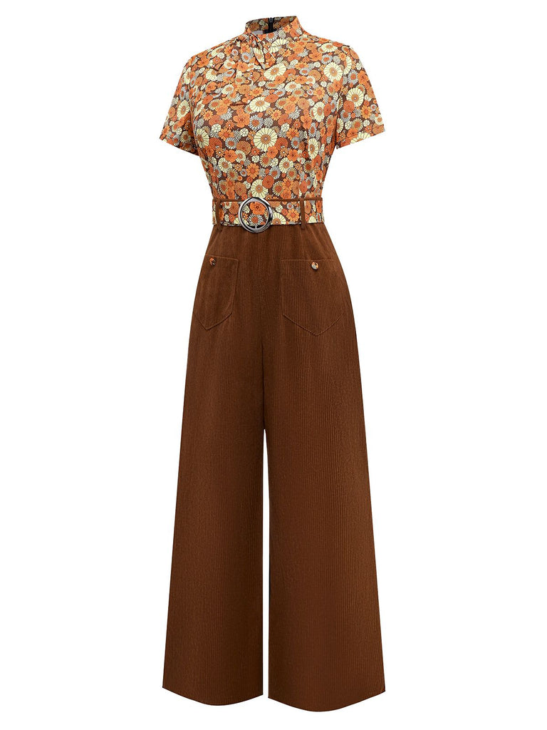 [Pre-Sale] Orange 1970s Daisy Corduroy Patchwork Tie Neck Jumpsuit