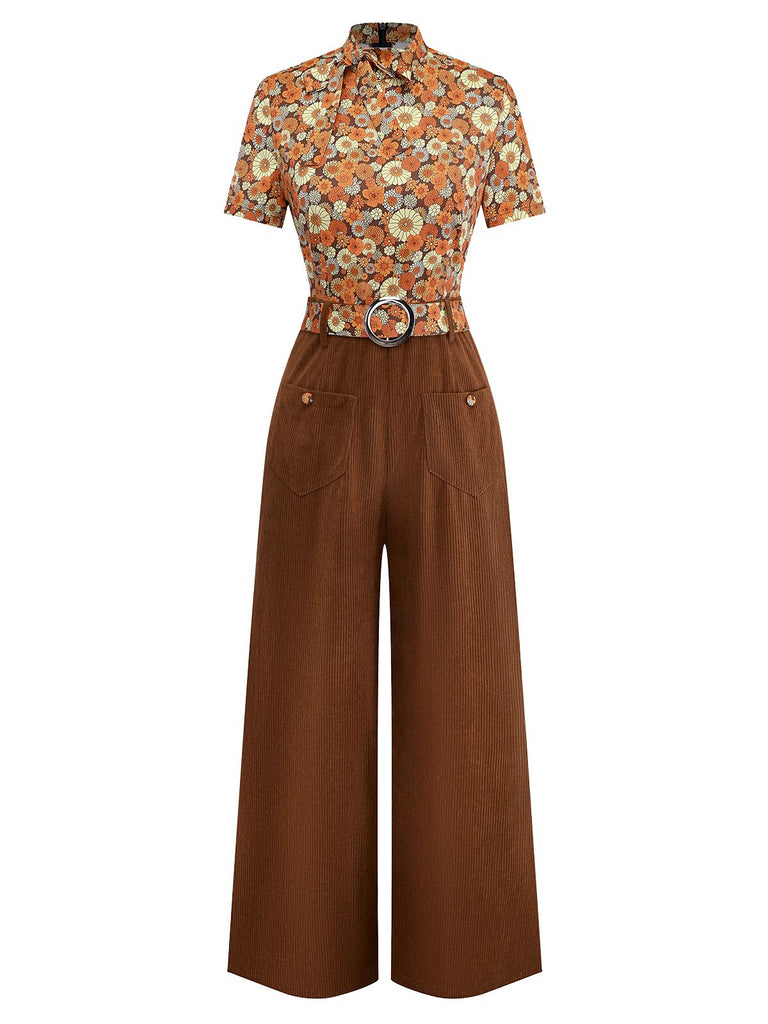 [Pre-Sale] Orange 1970s Daisy Corduroy Patchwork Tie Neck Jumpsuit