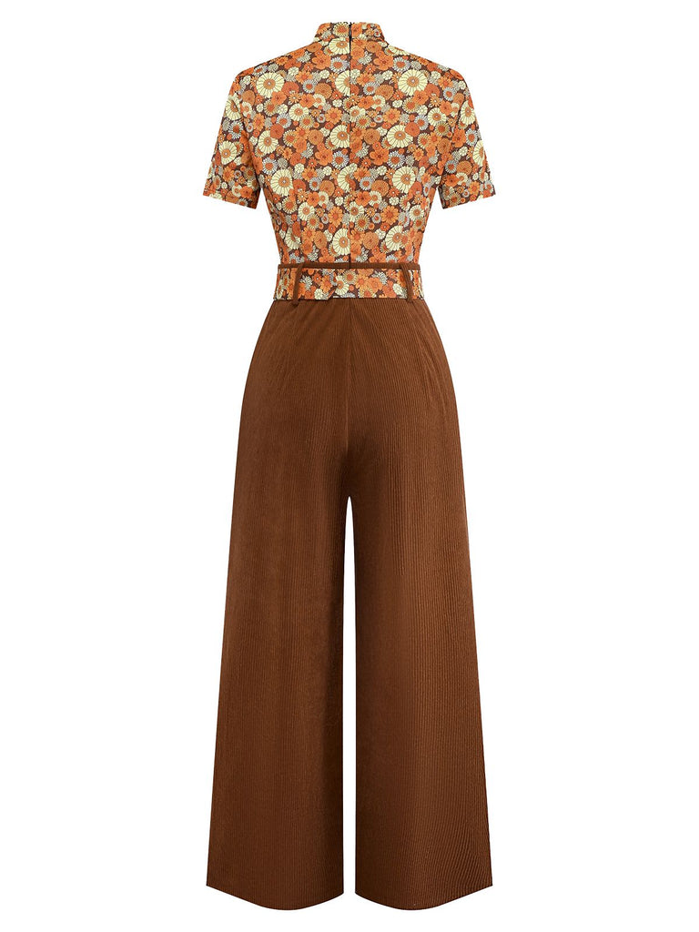 [Pre-Sale] Orange 1970s Daisy Corduroy Patchwork Tie Neck Jumpsuit