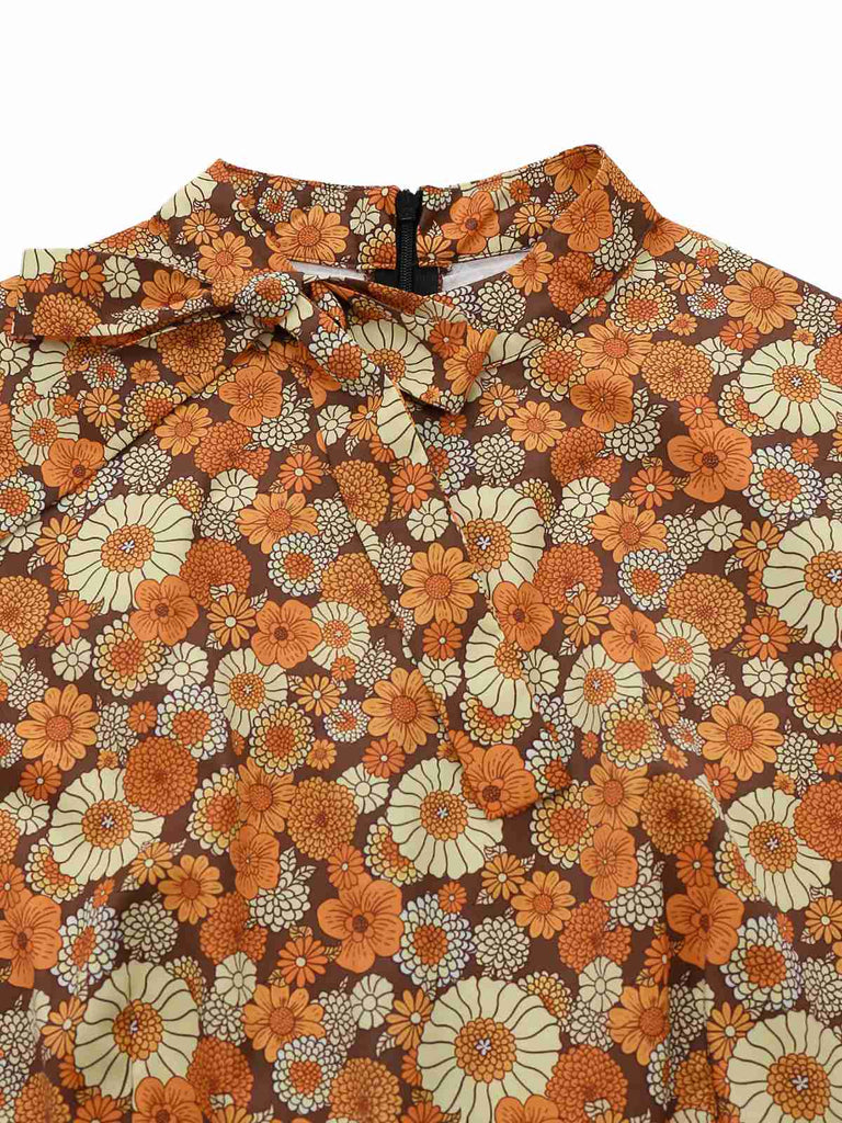 [Pre-Sale] Orange 1970s Daisy Corduroy Patchwork Tie Neck Jumpsuit