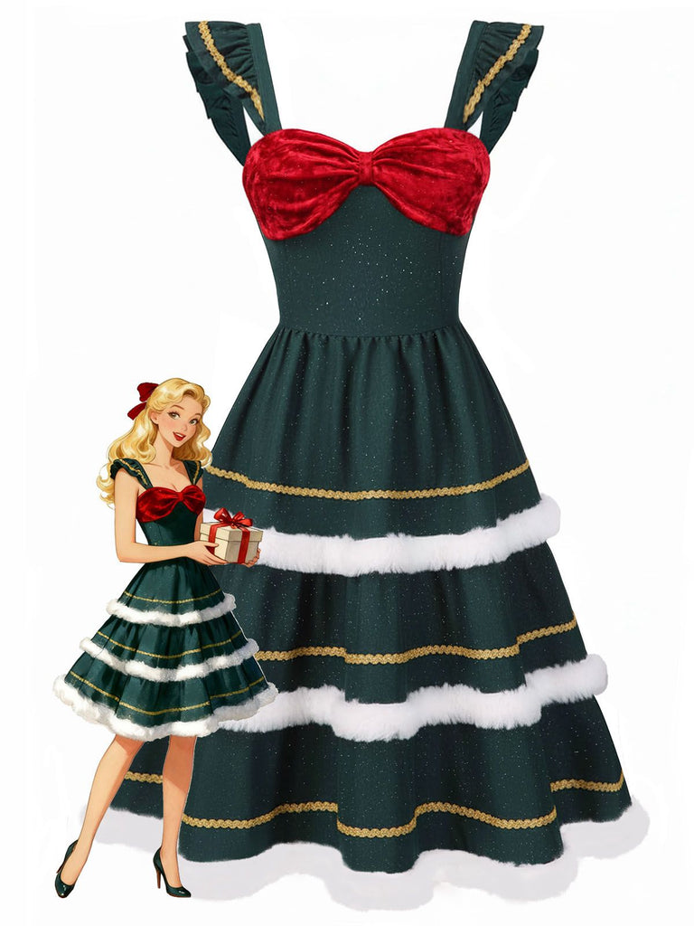 [Pre-Sale] Green 1950s Bow Glitter Frayed Edge Cake Dress