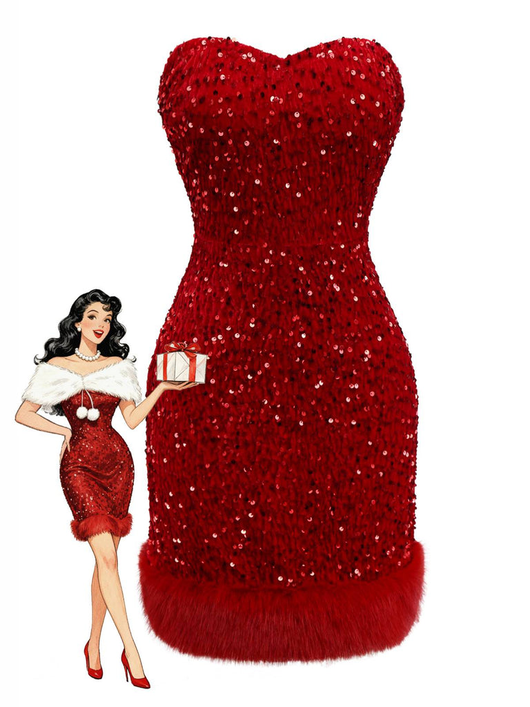 [Pre-Sale] Red 1970s Velvet Sequin Faux Fur Trim Strapless Dress