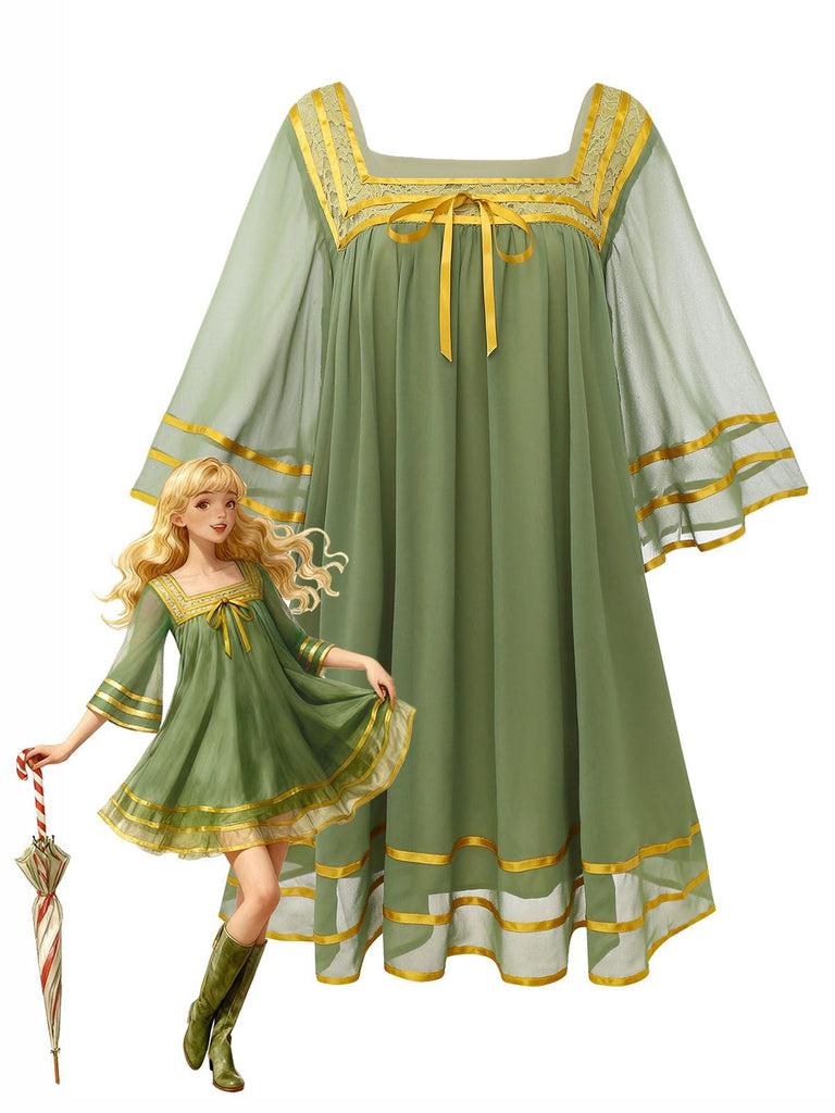 [Pre-Sale] Green & Gold 1970s Sheer Bell-Sleeve Dress