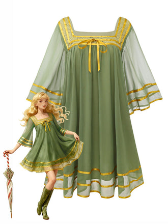 [Pre-Sale] Green & Gold 1970s Sheer Bell-Sleeve Dress